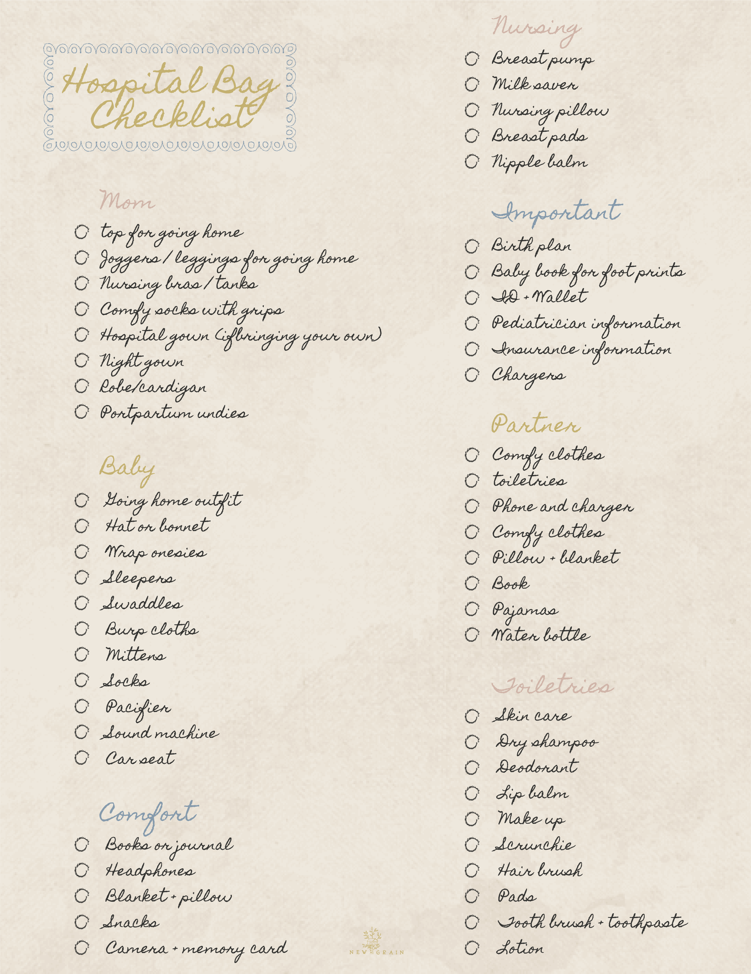 Hospital Checklist - free printable – New Grain Goods